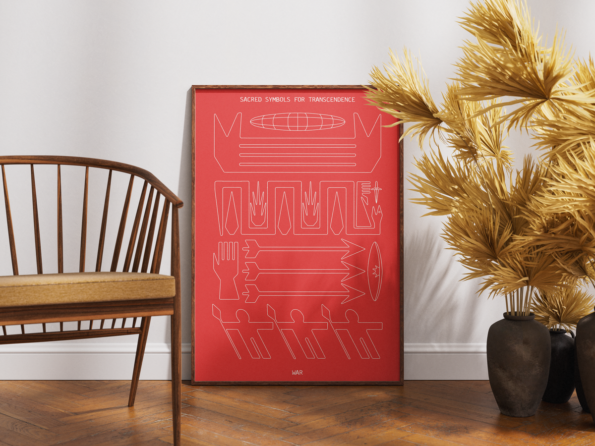 A framed red art print with white line drawings of ancient symbolISM, leaning against a white wall on a wooden floor next to a wooden chair and potted palm trees.